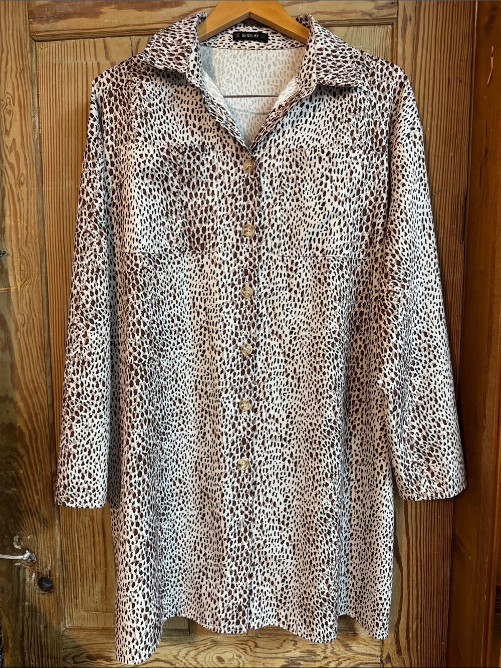 Sheilay Button-Up Longline Shirt Dress in Cream and Brown Animal Print 1X